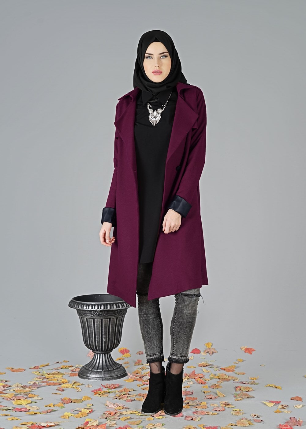 Vêtements hijab ROUGE BORDEAUX CABAN DE FEUTRE AVEC CEINTURE  3466 