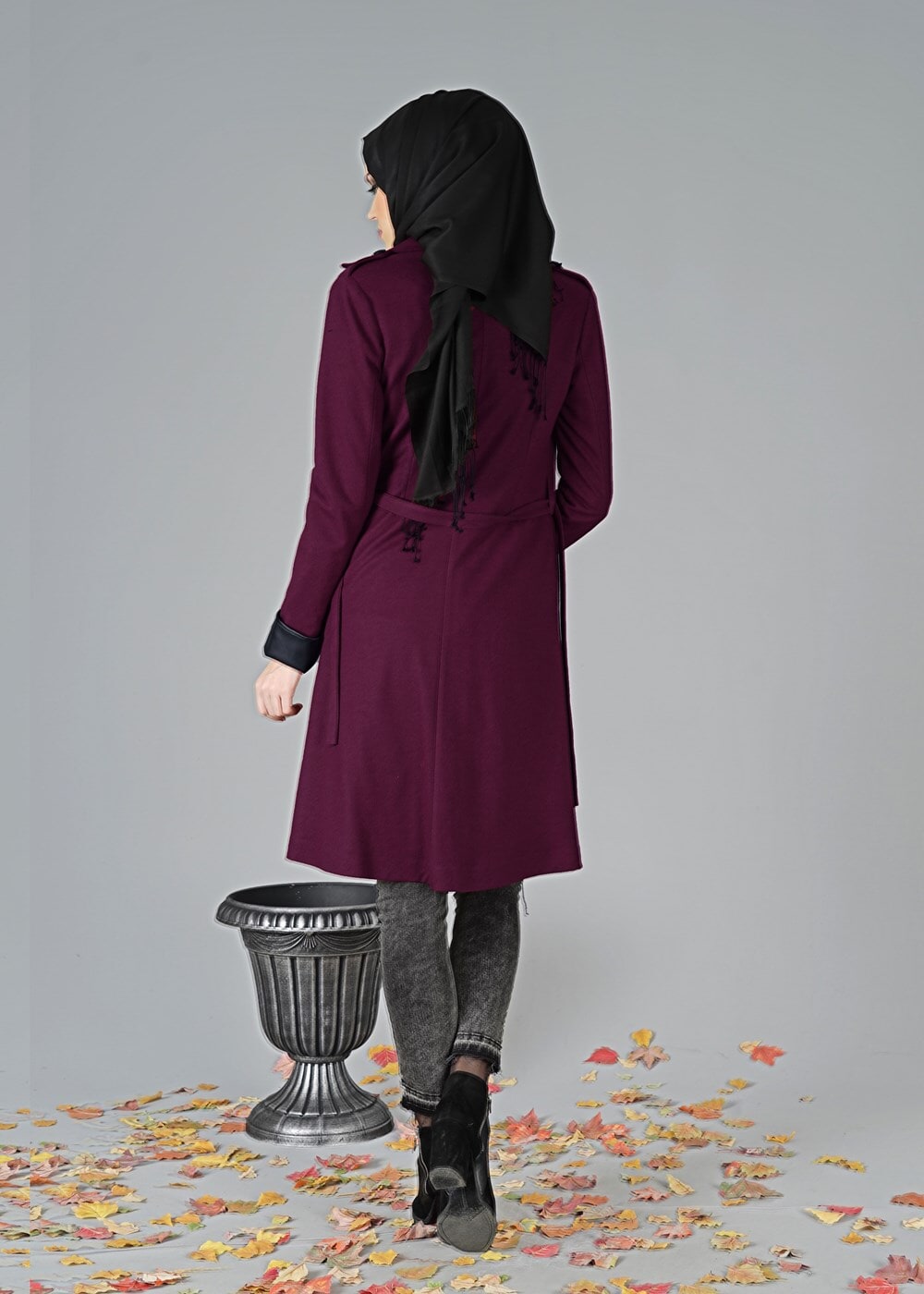 Vêtements hijab ROUGE BORDEAUX CABAN DE FEUTRE AVEC CEINTURE  3466 