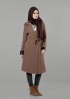 Tesettür giyim KAHVE KUŞAKLI KEÇE KABAN 3466