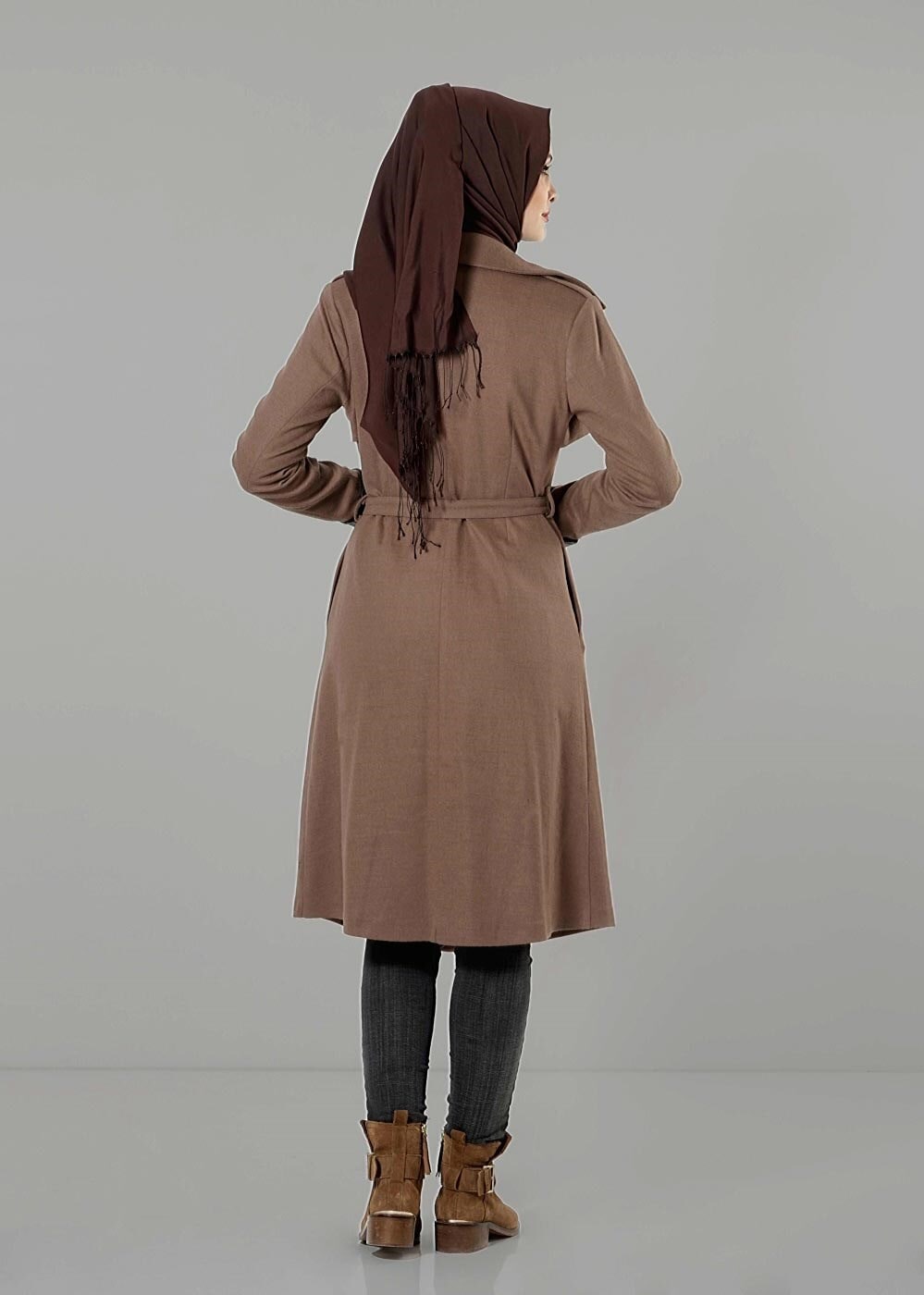 Tesettür giyim KAHVE KUŞAKLI KEÇE KABAN 3466