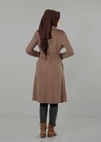 Tesettür giyim KAHVE KUŞAKLI KEÇE KABAN 3466