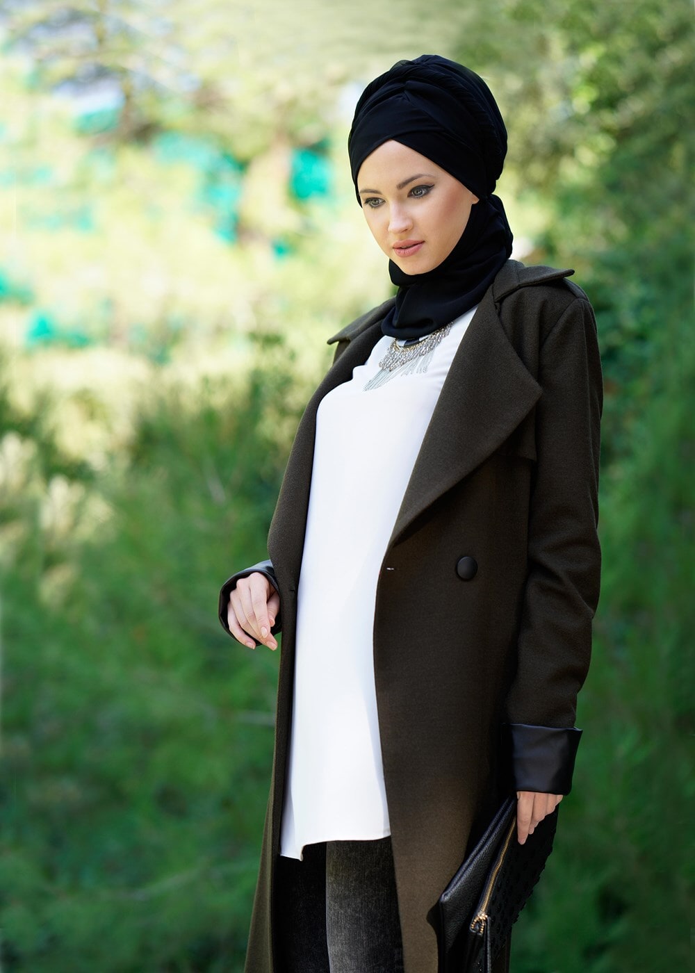 Tesettür giyim HAKİ KUŞAKLI KEÇE KABAN 3466