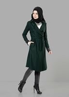 Tesettür giyim YEŞİL KUŞAKLI KEÇE KABAN 3466