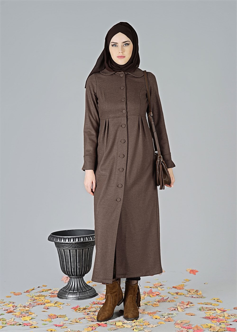 Vêtements hijab BRUN CABAN À COL CLAUDINE À BOUTONNÉ 9011 