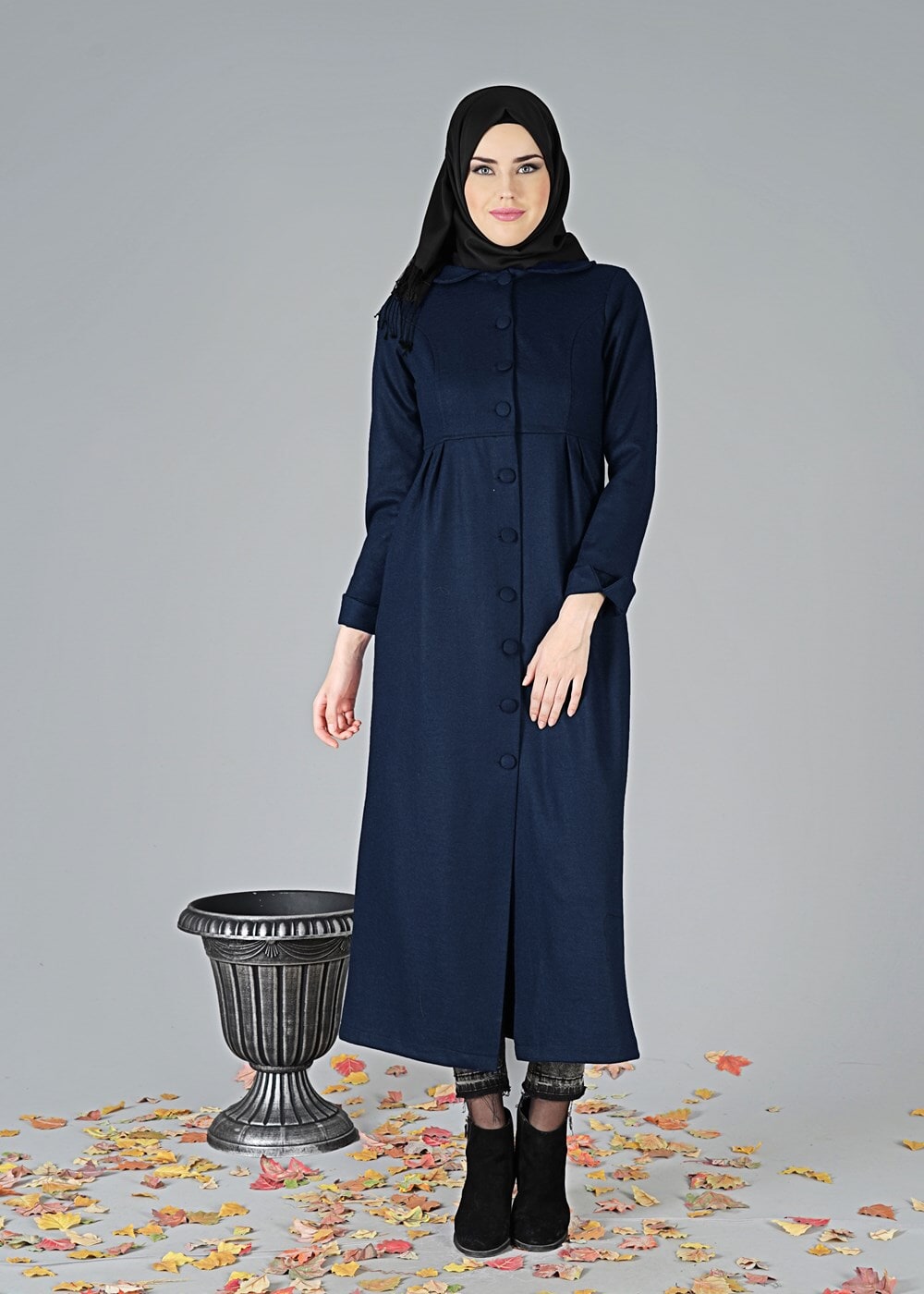 Vêtements hijab BLEU MARINE CABAN À COL CLAUDINE À BOUTONNÉ 9011 