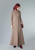 Tesettür giyim KAHVE BALIKÇI YAKA DÜĞMELİ MANTO 9311