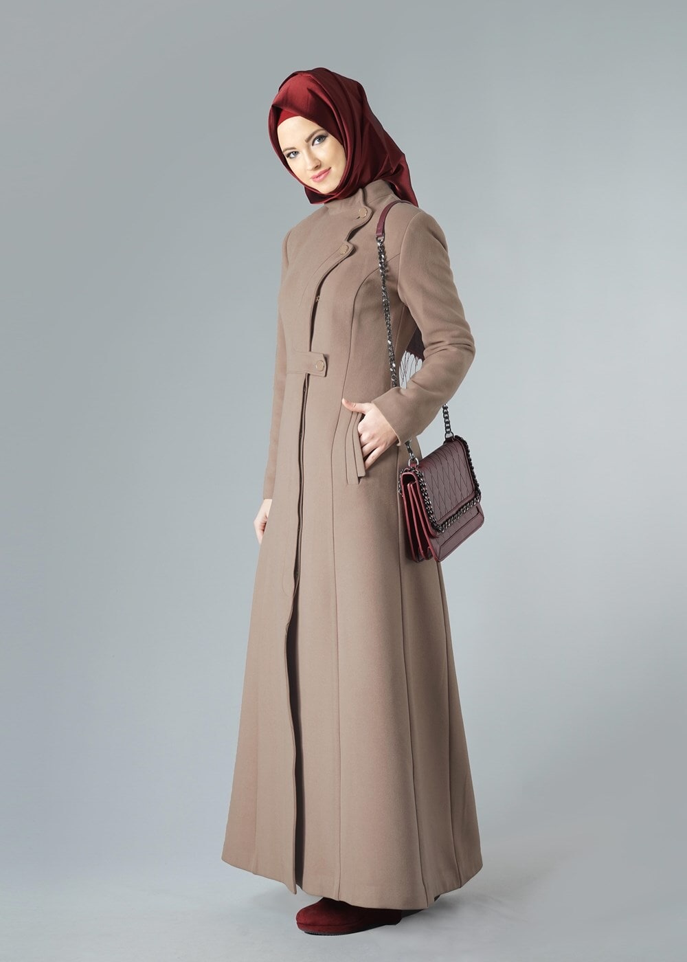 Tesettür giyim KAHVE BALIKÇI YAKA DÜĞMELİ MANTO 9311