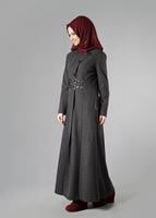 Tesettür giyim GRİ ÇİFT KEMERLİ DÜĞMELİ MANTO 9323 