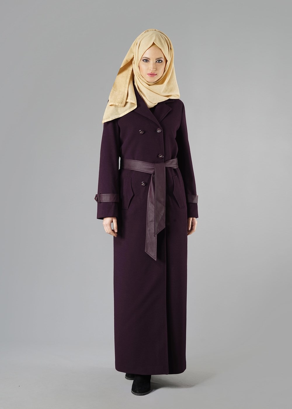 Vêtements hijab PRUNE MANTEAU AVEC CEINTURE EN CUIR 9324
