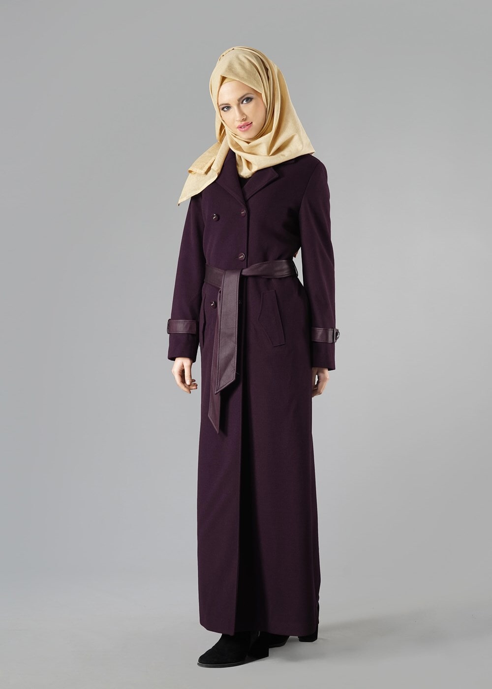 Vêtements hijab PRUNE MANTEAU AVEC CEINTURE EN CUIR 9324