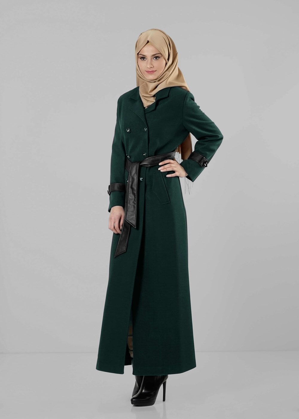 Hijab clothing GREEN LEATHER BELTED COAT 9324 