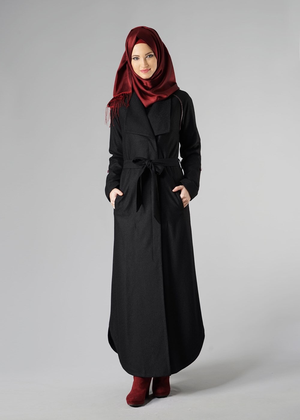 Hijab clothing BLACK BELTED WRAP COAT WITH POCKETS 9337