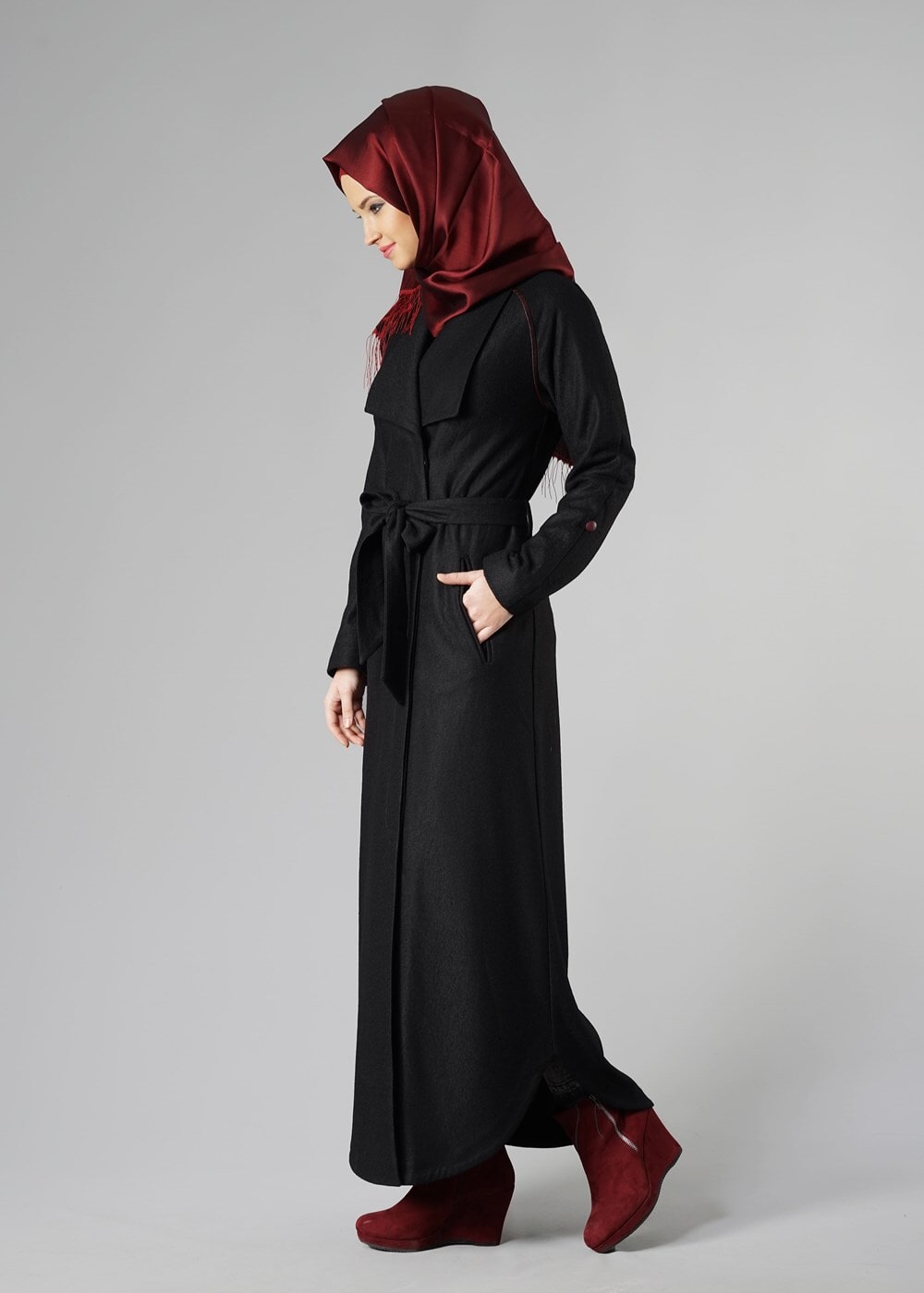 Hijab clothing BLACK BELTED WRAP COAT WITH POCKETS 9337