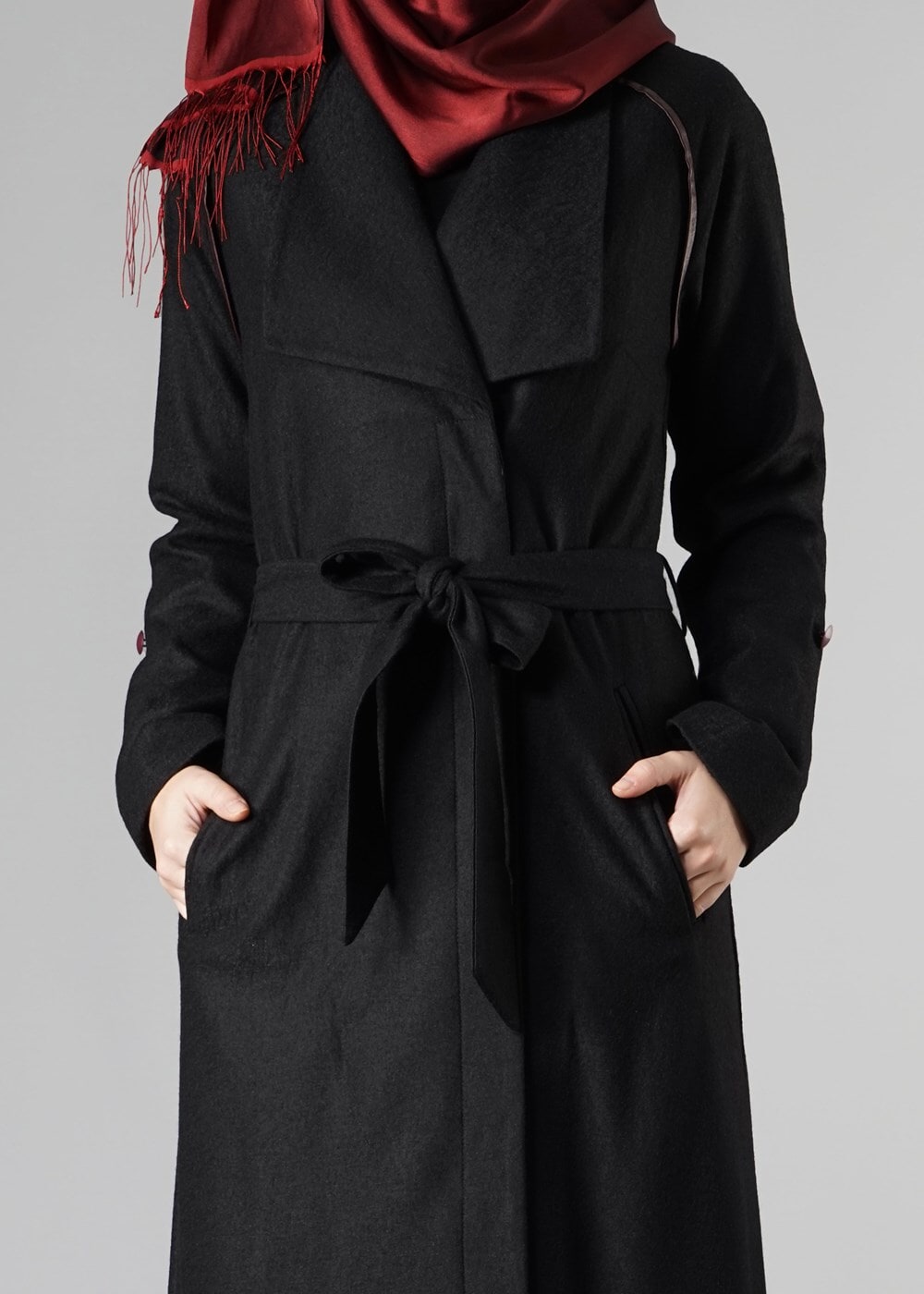Hijab clothing BLACK BELTED WRAP COAT WITH POCKETS 9337