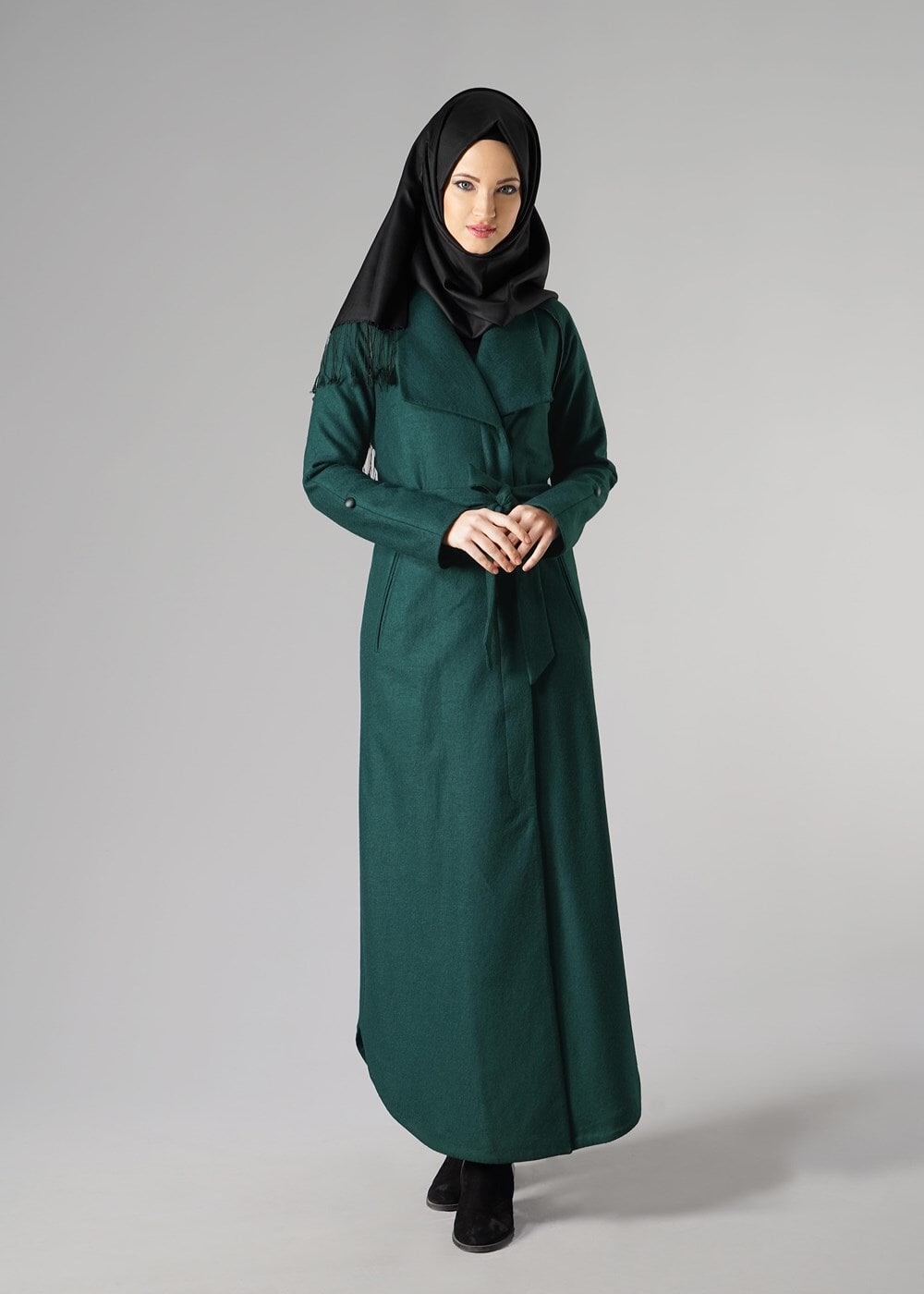 Tesettür giyim YEŞİL KUŞAKLI CEPLİ KABAN 9337