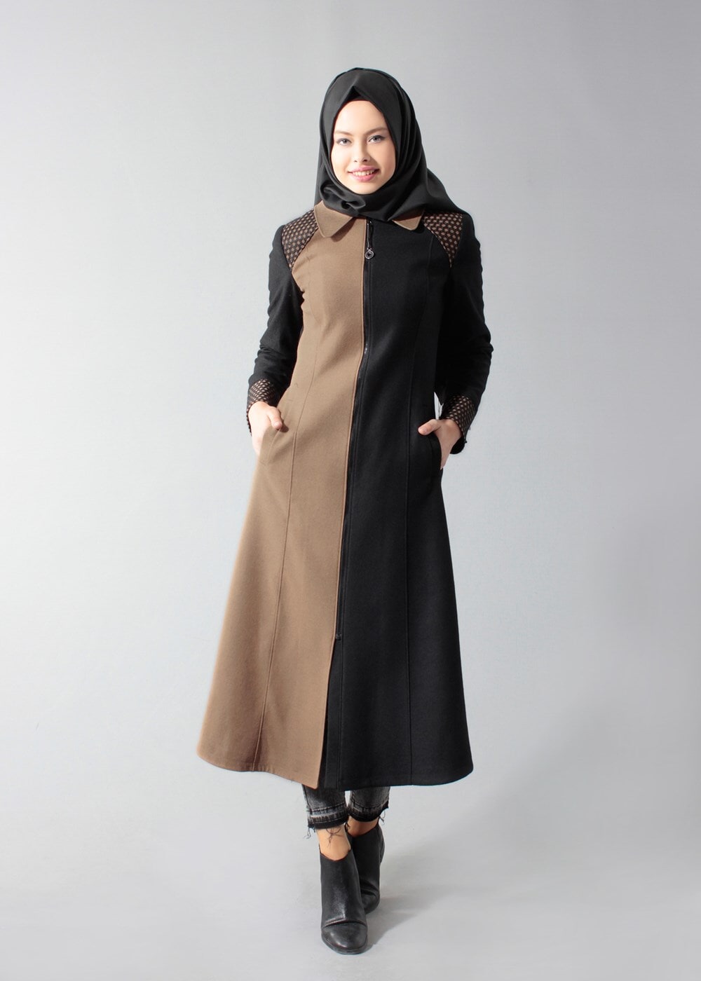 Tesettür giyim KAHVE SİVRİ YAKA İKİ RENKLİ FERMUARLI MANTO 9358 