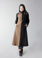Tesettür giyim KAHVE SİVRİ YAKA İKİ RENKLİ FERMUARLI MANTO 9358 