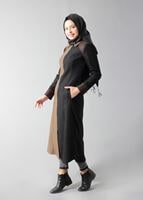 Tesettür giyim KAHVE SİVRİ YAKA İKİ RENKLİ FERMUARLI MANTO 9358 