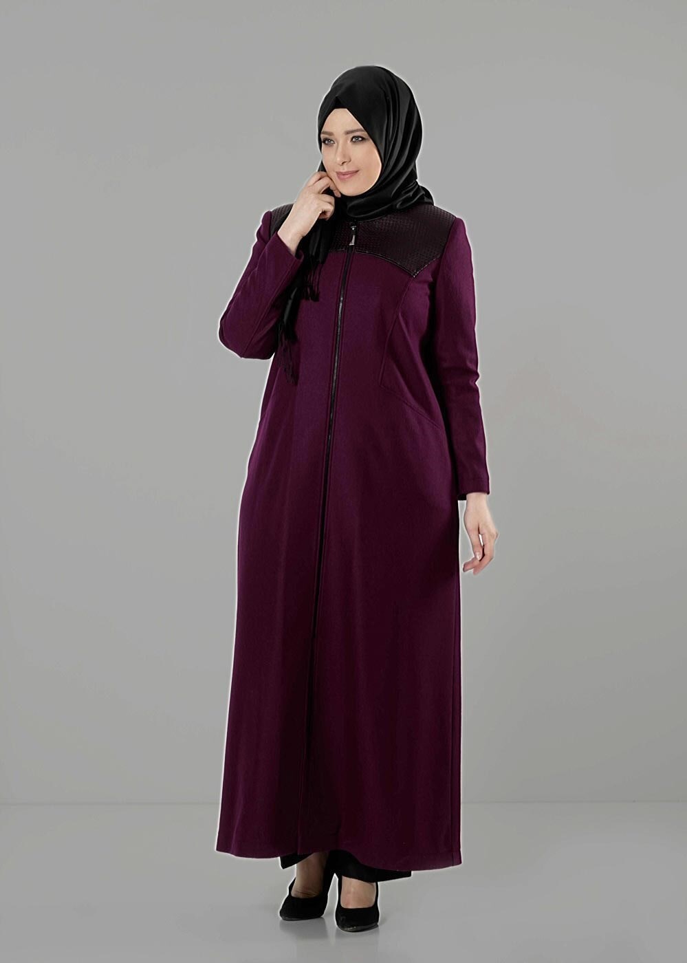 Hijab clothing CLARET RED ZIPPED OVERCOAT 9410