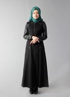 Tesettür giyim SİYAH FERMUARLI KAPÜŞONLU KOLLARI DERİ MANTO 9416