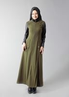 Tesettür giyim YEŞİL FERMUARLI KAPÜŞONLU KOLLARI DERİ MANTO 9416