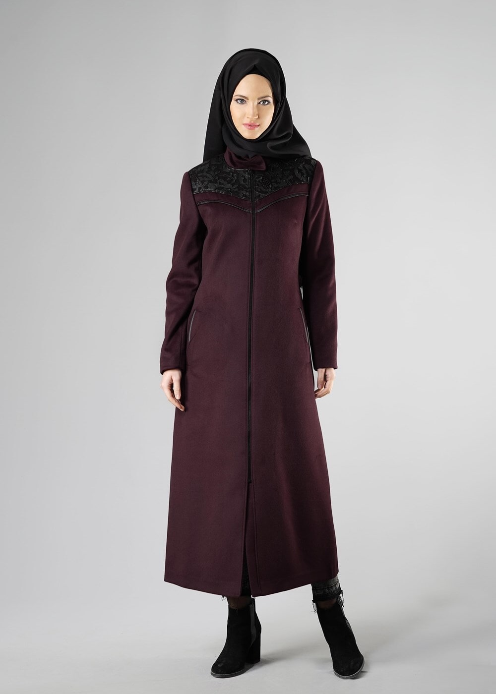 Hijab clothing PURPLE MOCK-NECK TOP-RIBBED WALKER COAT 9431