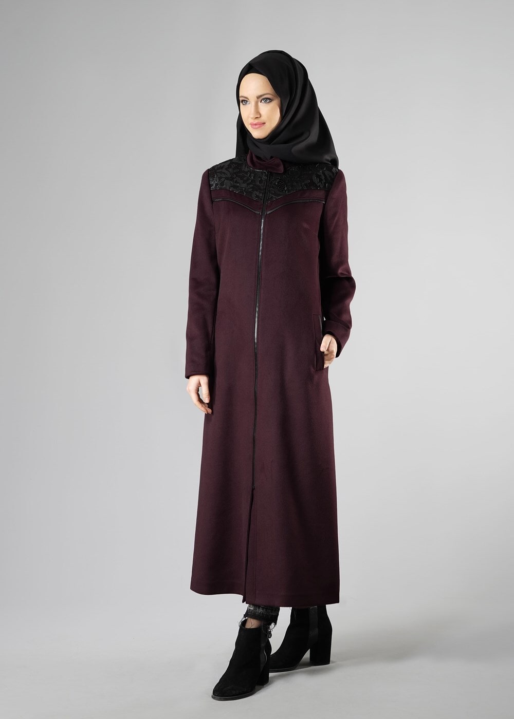 Hijab clothing PURPLE MOCK-NECK TOP-RIBBED WALKER COAT 9431