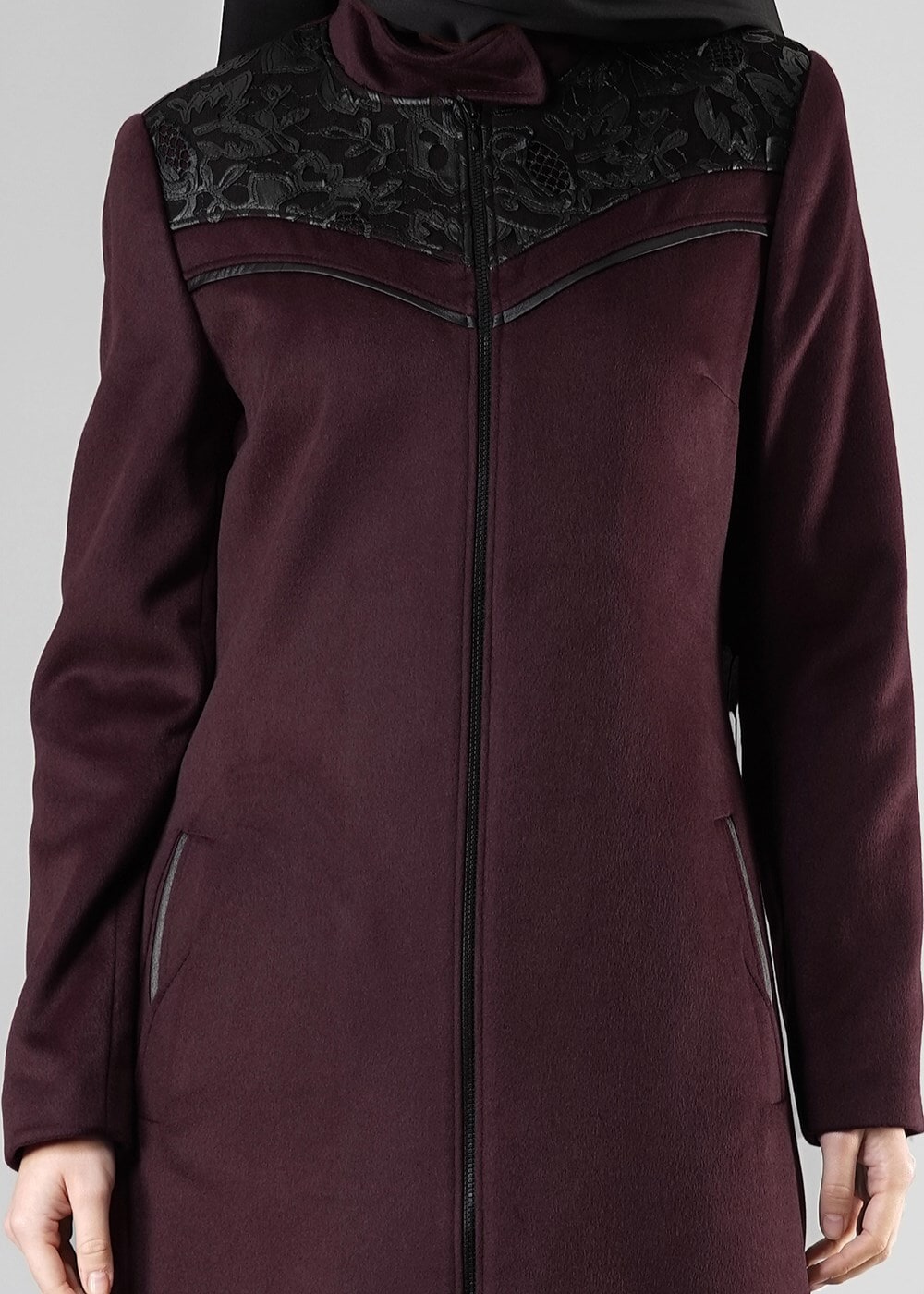 Hijab clothing PURPLE MOCK-NECK TOP-RIBBED WALKER COAT 9431