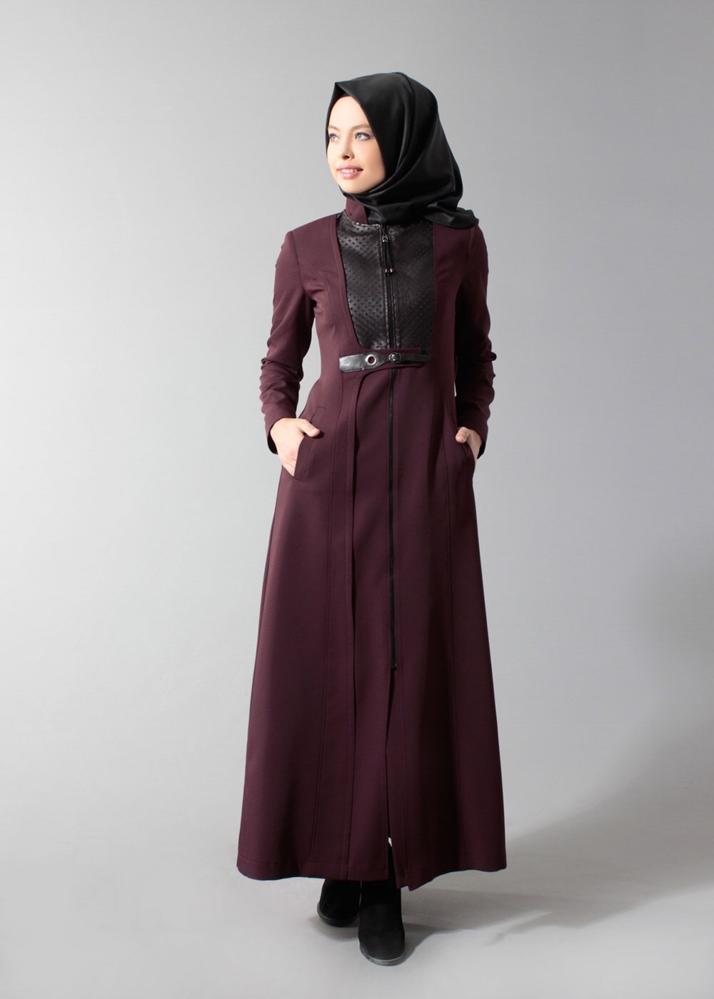 Hijab clothing CLARET RED GROMMET DETAILED TOPCOAT 1629 