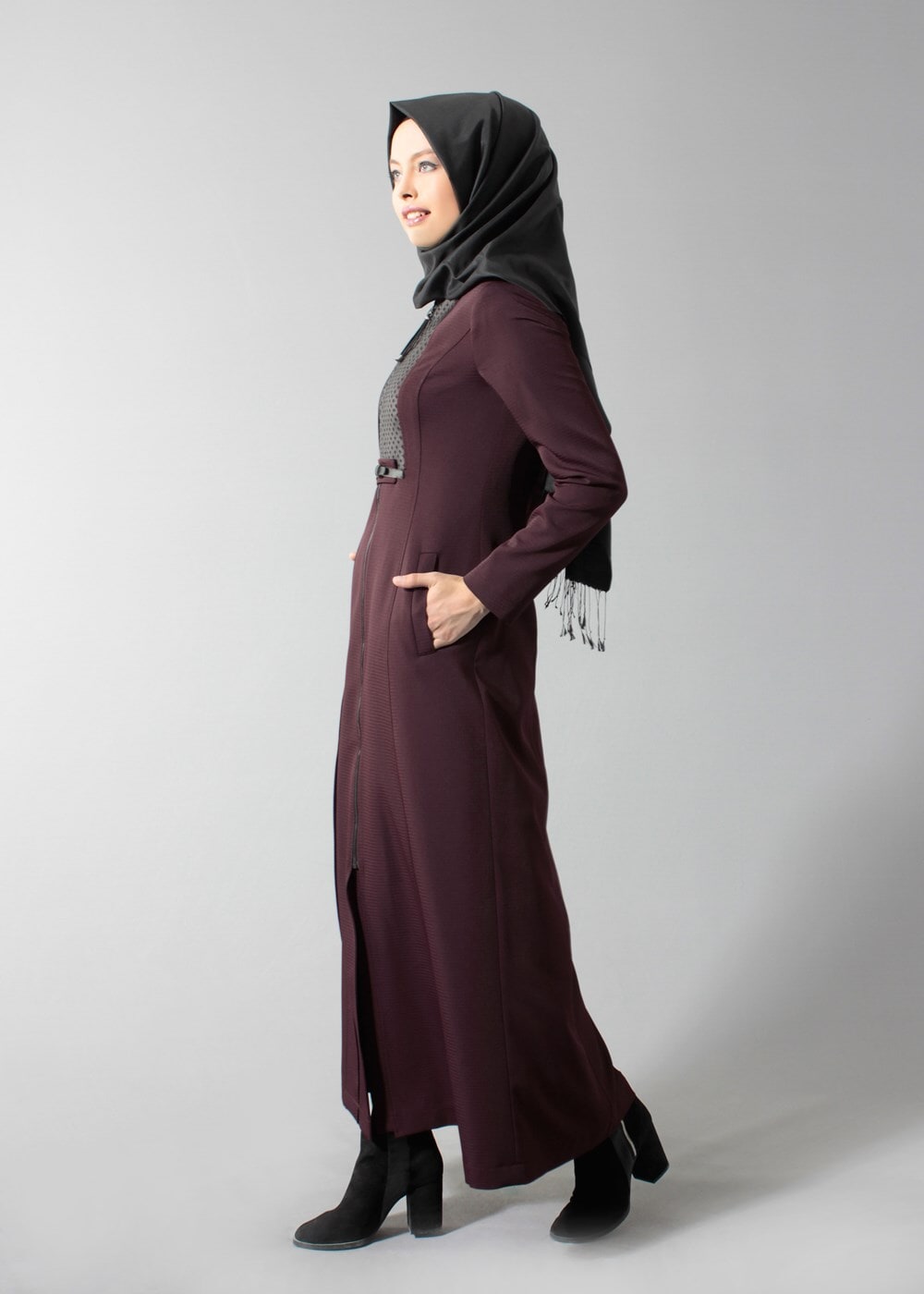Hijab clothing CLARET RED GROMMET DETAILED TOPCOAT 1629 