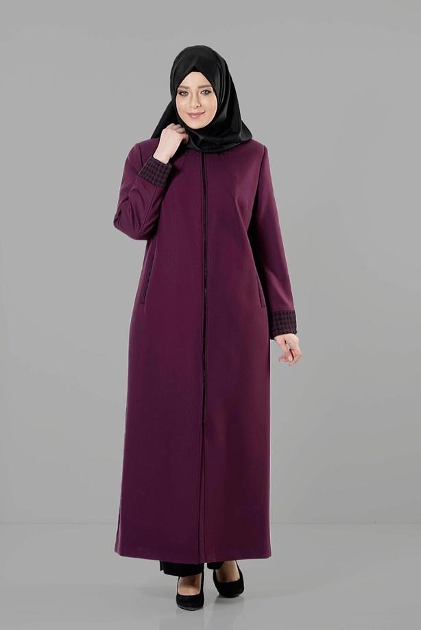 Vêtements hijab PRUNE PARDESSUS DÉTAILLÉ EN PIED-DE-POULE 1652  - TRENDTESETTÜR