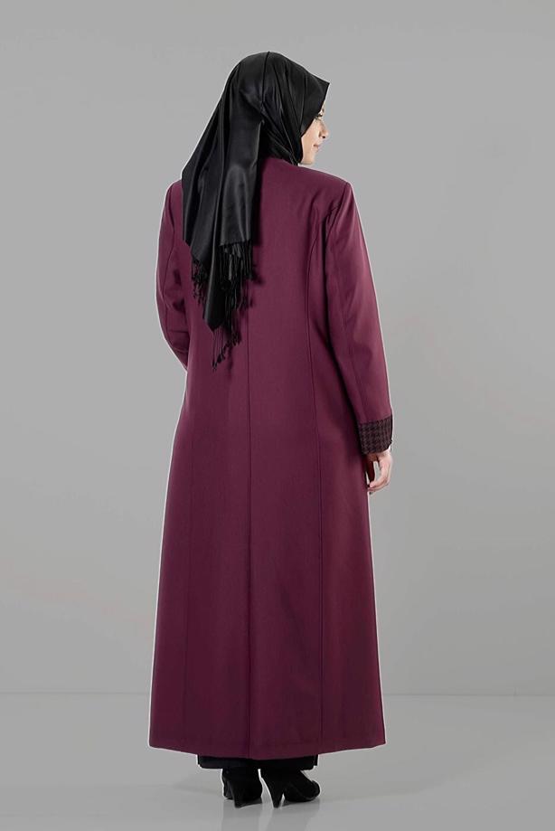 Vêtements hijab PRUNE PARDESSUS DÉTAILLÉ EN PIED-DE-POULE 1652  - TRENDTESETTÜR