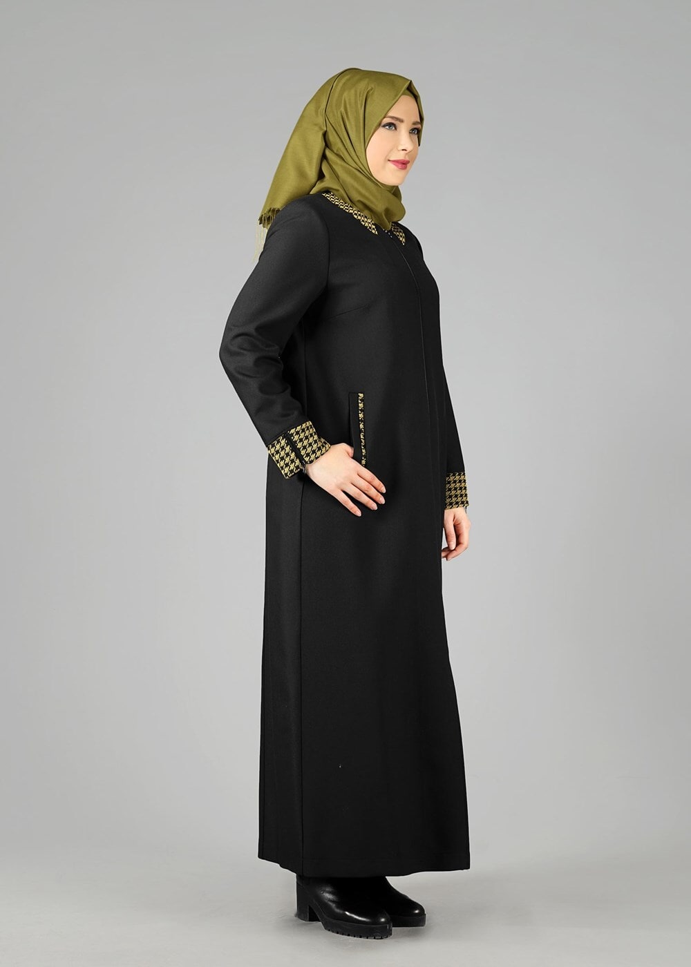 Vêtements hijab VERT PARDESSUS DÉTAILLÉ EN PIED-DE-POULE 1652 