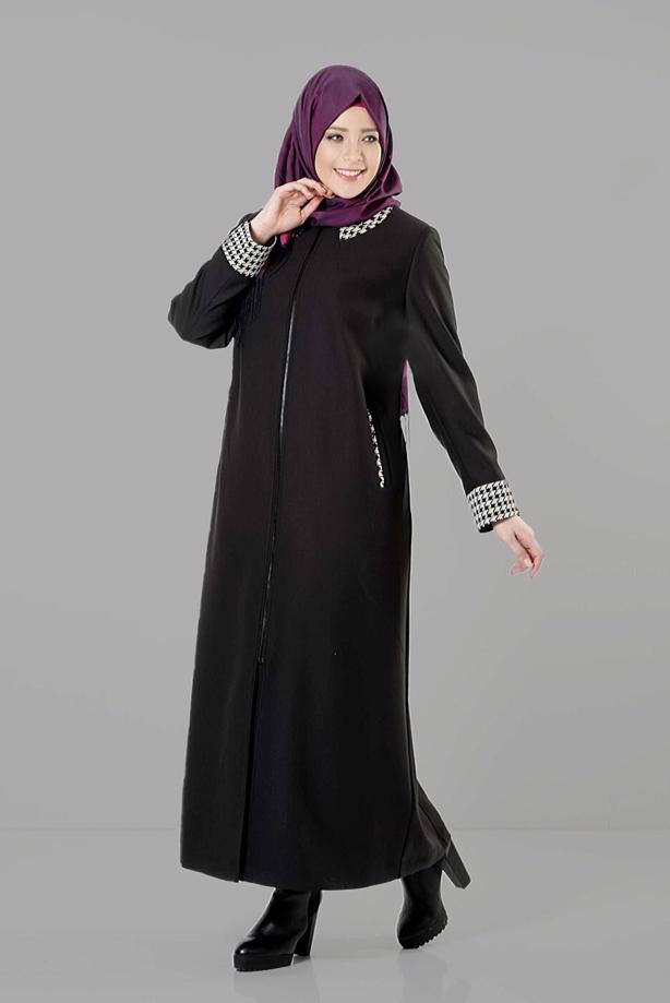 Vêtements hijab NOIR PARDESSUS DÉTAILLÉ EN PIED-DE-POULE 1652  - TRENDTESETTÜR