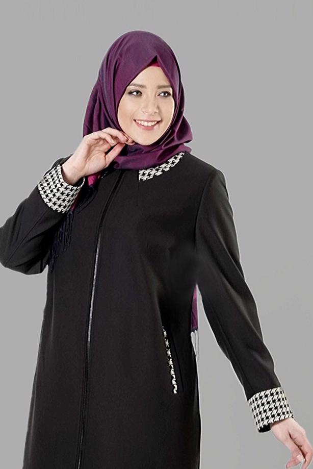Vêtements hijab NOIR PARDESSUS DÉTAILLÉ EN PIED-DE-POULE 1652  - TRENDTESETTÜR