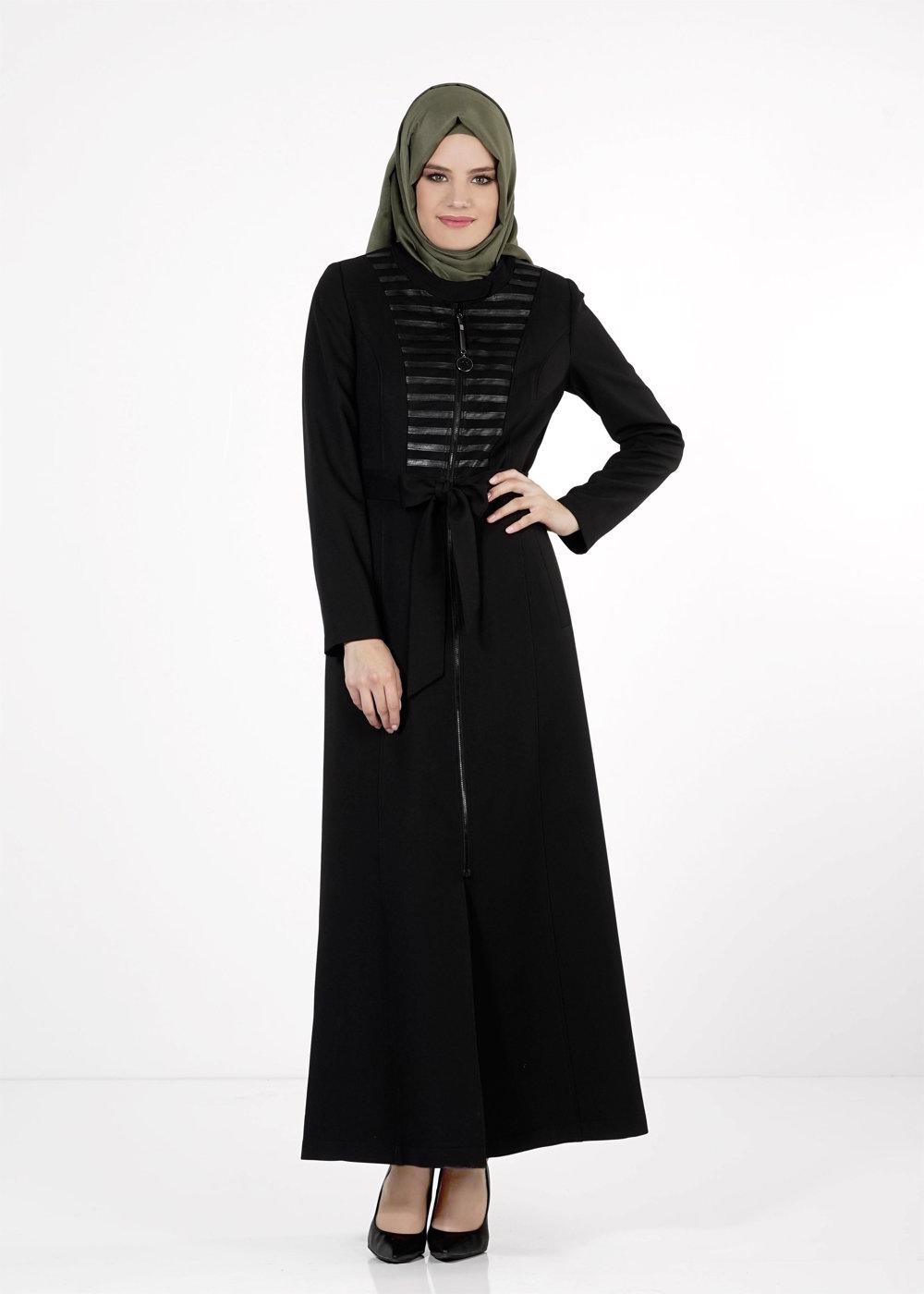 Tesettür giyim SİYAH BELİ KUŞAKLI PARDESÜ 1658 