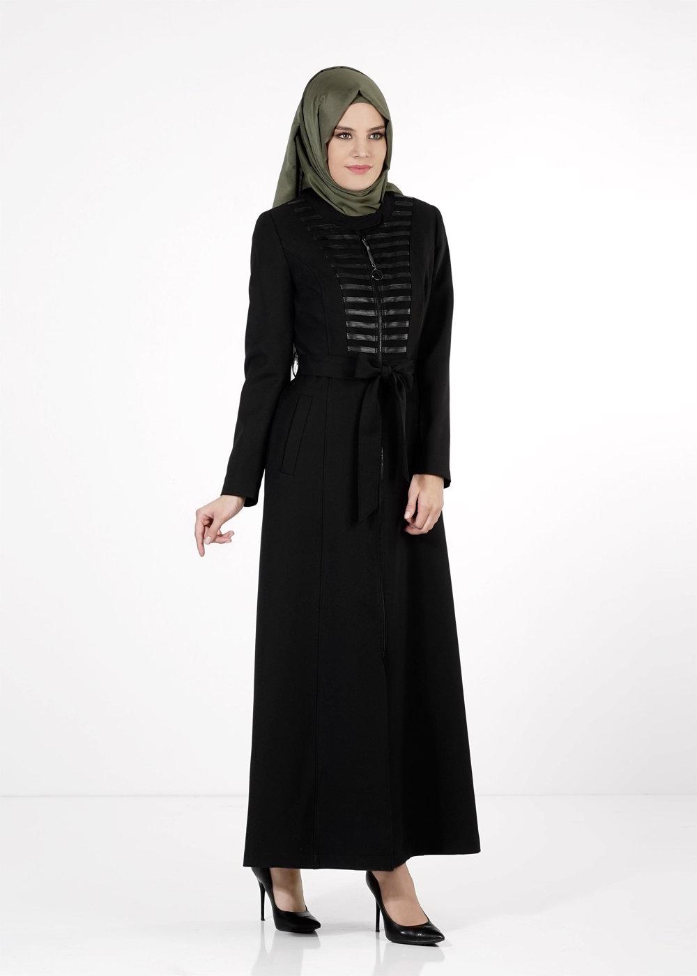 Tesettür giyim SİYAH BELİ KUŞAKLI PARDESÜ 1658 