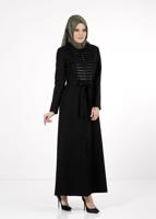 Tesettür giyim SİYAH BELİ KUŞAKLI PARDESÜ 1658 