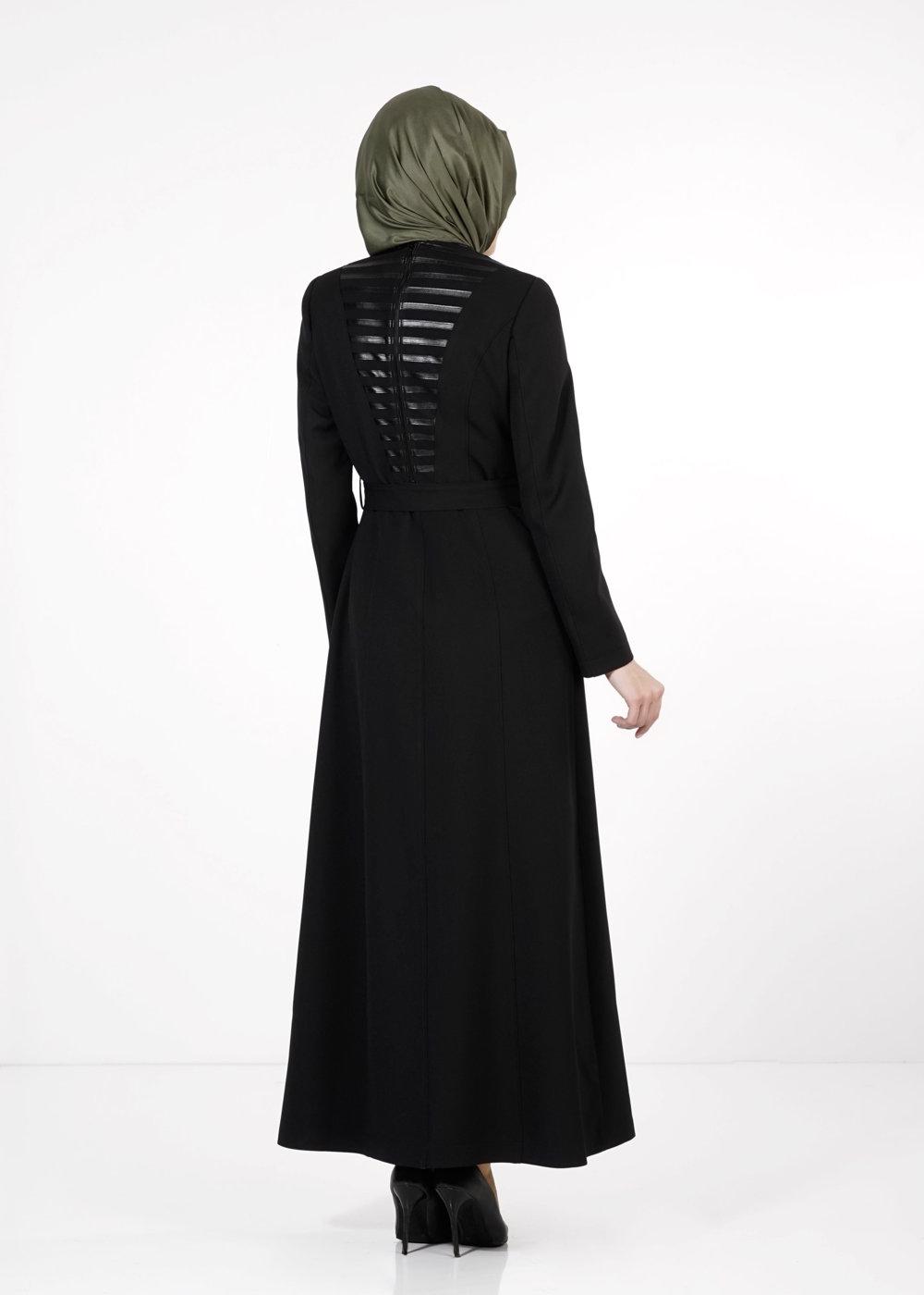 Tesettür giyim SİYAH BELİ KUŞAKLI PARDESÜ 1658 