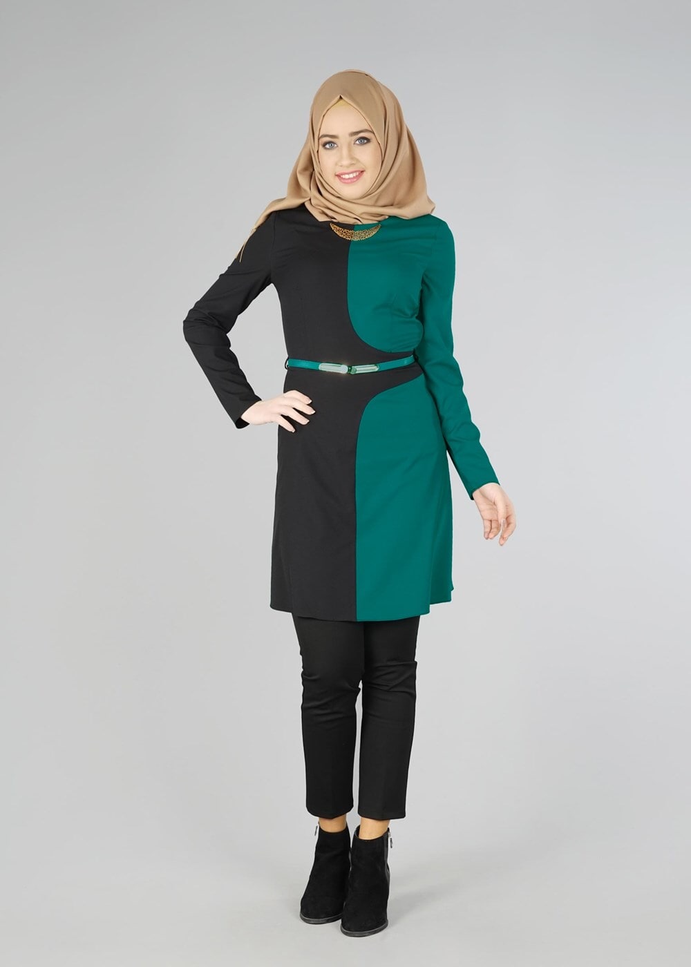 Tesettür giyim YEŞİL RENK BLOKLU TUNİK 4322 