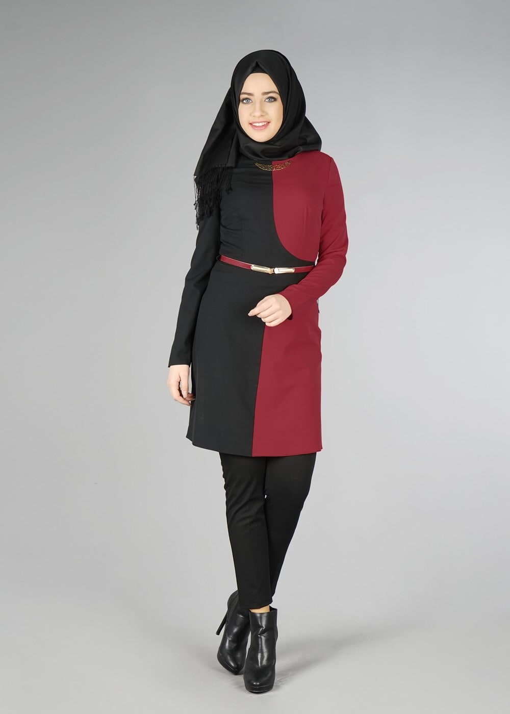 Tesettür giyim BORDO RENK BLOKLU TUNİK 4322 