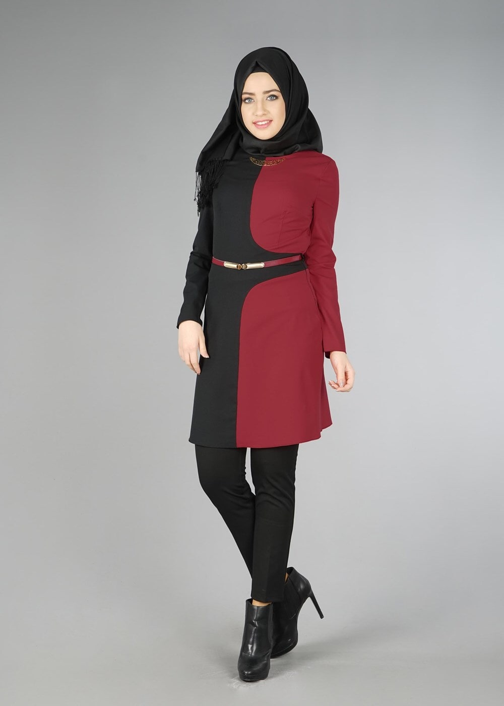 Tesettür giyim BORDO RENK BLOKLU TUNİK 4322 