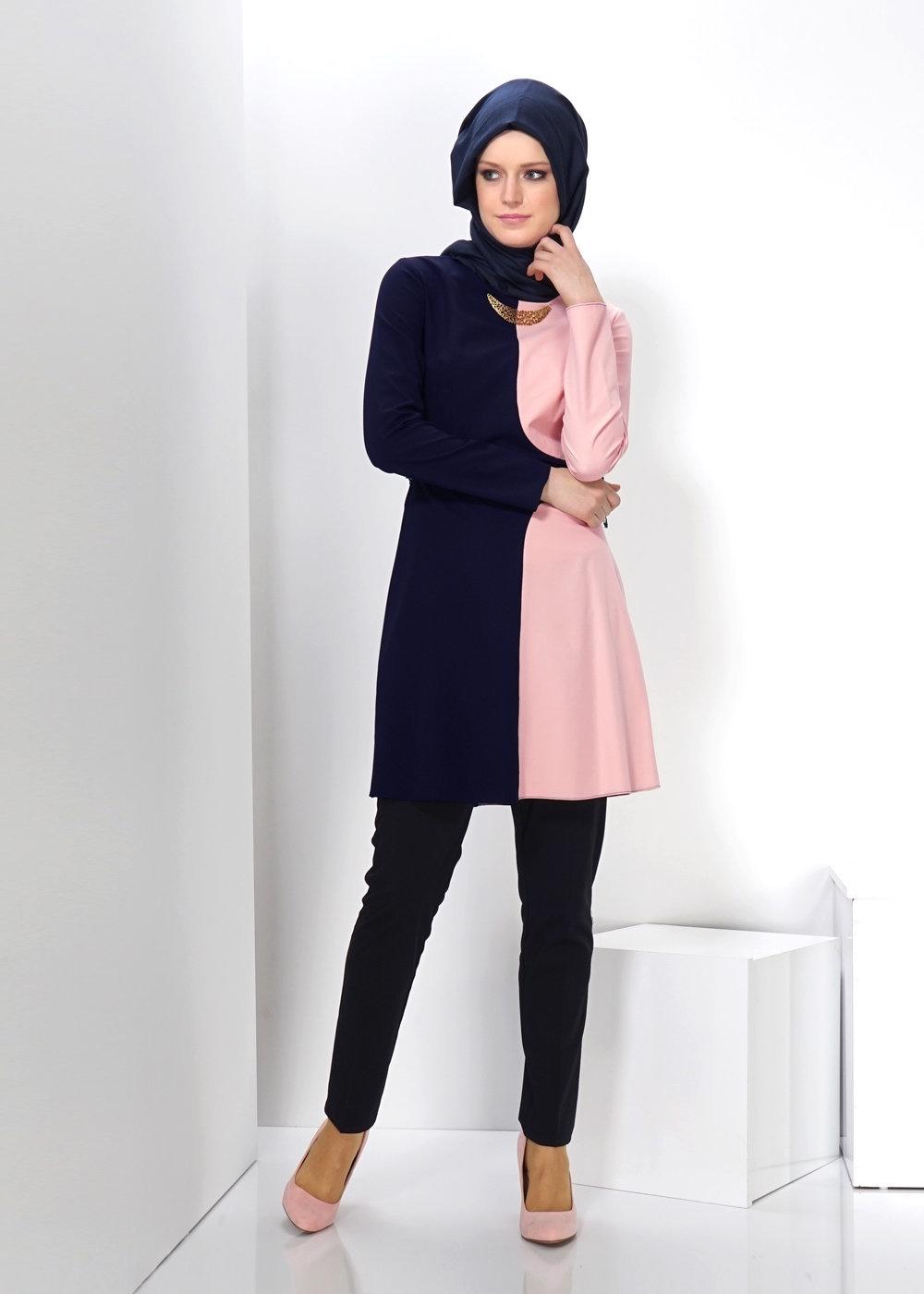 Tesettür giyim PUDRA RENK BLOKLU TUNİK 4322 