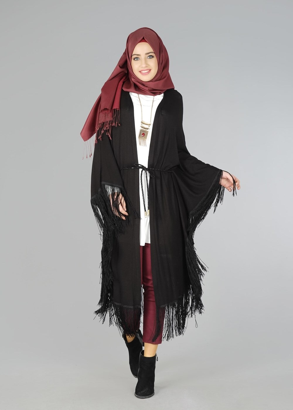Vêtements hijab NOIR TUNIQUE À TAILLE-NOUÉE À FRANGES 4452 