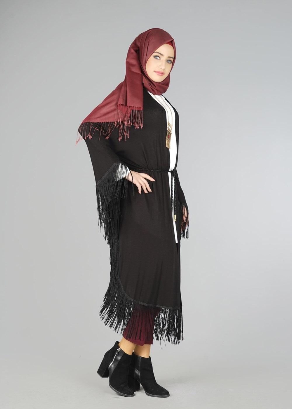 Vêtements hijab NOIR TUNIQUE À TAILLE-NOUÉE À FRANGES 4452 