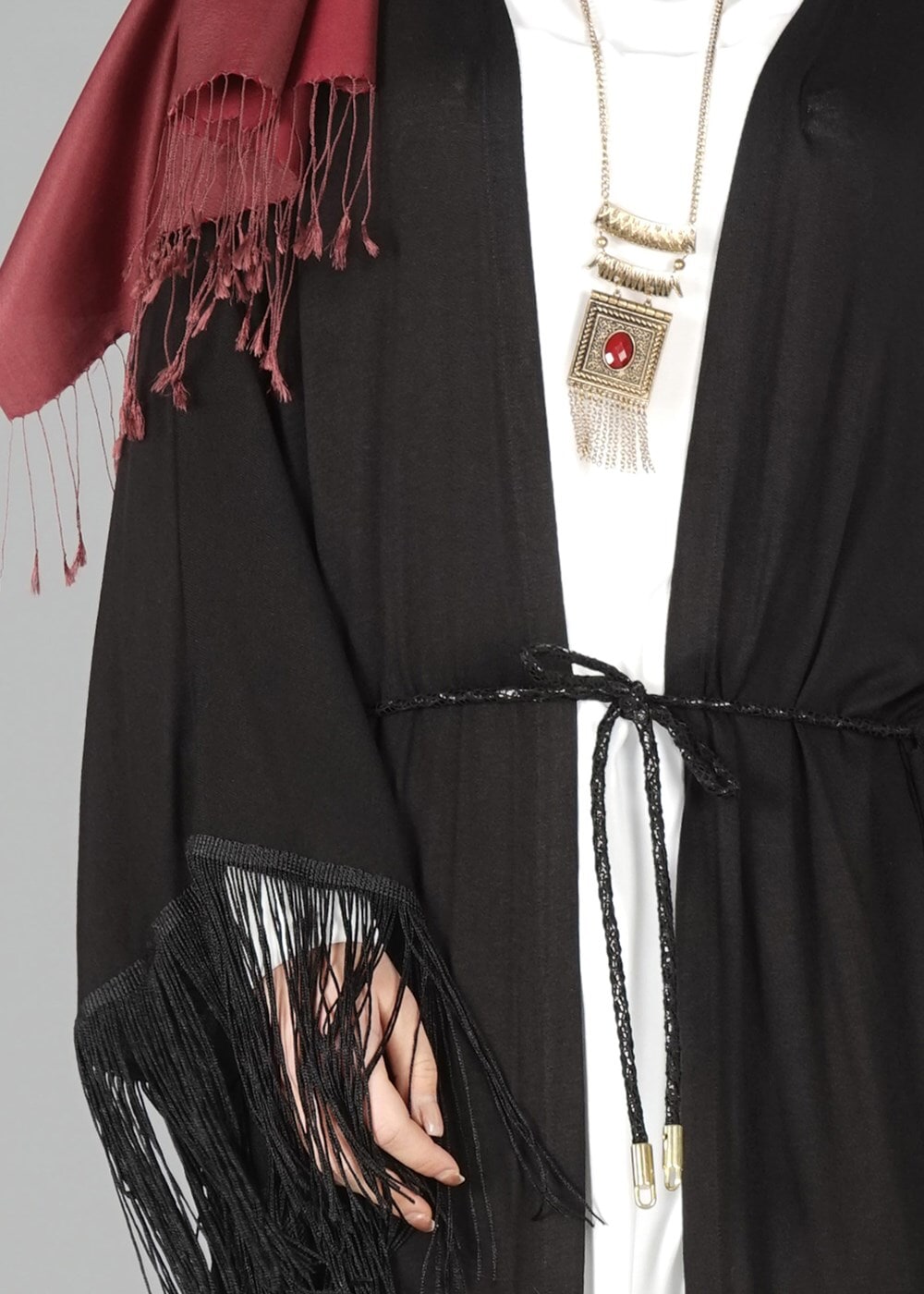 Vêtements hijab NOIR TUNIQUE À TAILLE-NOUÉE À FRANGES 4452 