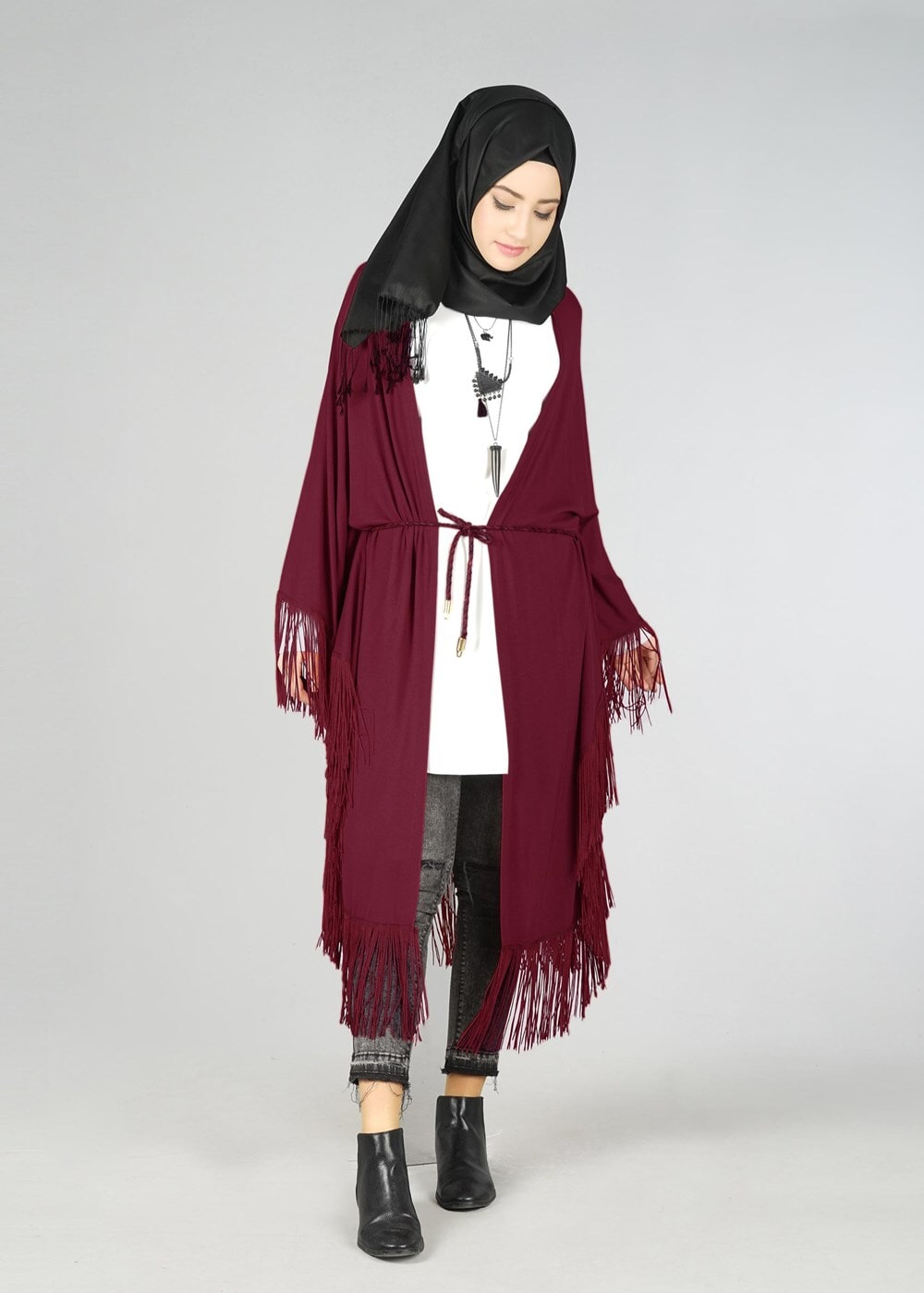 Tesettür giyim BORDO ÖNDEN BAĞLAMALI PÜSKÜLLÜ TUNİK 4452 