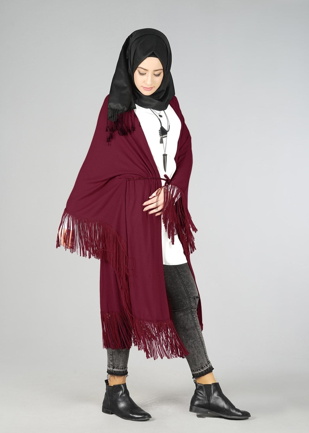Tesettür giyim BORDO ÖNDEN BAĞLAMALI PÜSKÜLLÜ TUNİK 4452 