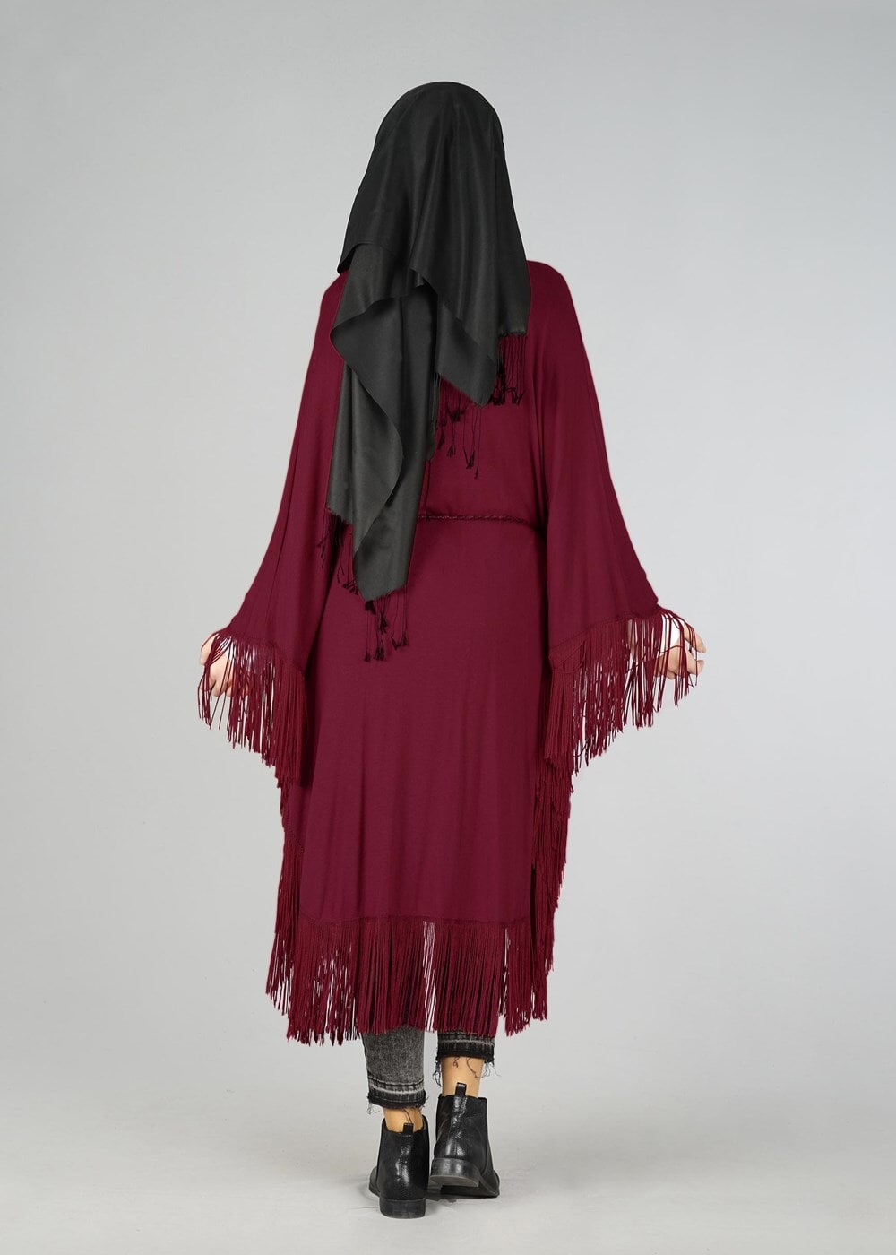 Tesettür giyim BORDO ÖNDEN BAĞLAMALI PÜSKÜLLÜ TUNİK 4452 