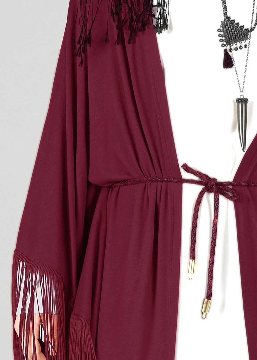 Tesettür giyim BORDO ÖNDEN BAĞLAMALI PÜSKÜLLÜ TUNİK 4452 